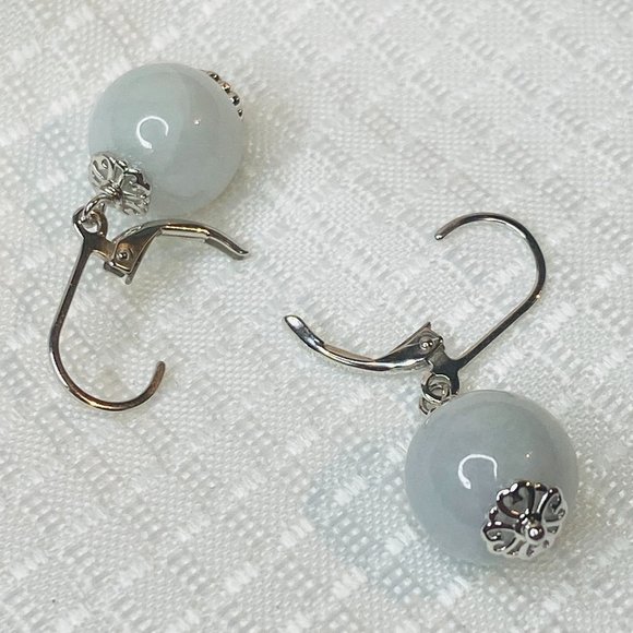 Sterling Silver Light Green Jade Drop Leverback Earrings - Picture 3 of 4